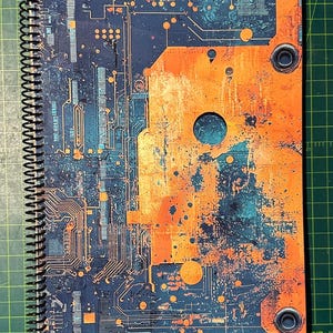 Puede incluir: Un cuaderno con espiral con un dise&ntilde;o de placa de circuito en tonos azules, naranjas y cobrizos. La cubierta tiene un aspecto envejecido y texturizado, con un gran panel naranja en el lado derecho. El cuaderno est&aacute; sobre una esterilla de corte verde.