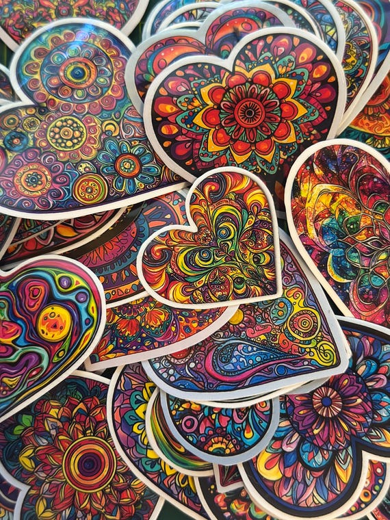 Psychedelic Heart Sticker Pack – 48 Vivid Vinyl Stickers, Laminated Heart Decals for Laptops, Water Bottles, Planners & Gifts