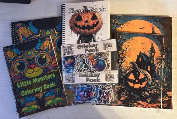 Halloween Spooky Stationery Bundle – Coloring Books, Notebook, Sketchbook and Sticker Packs | Cute Monsters & Haunted Art Set