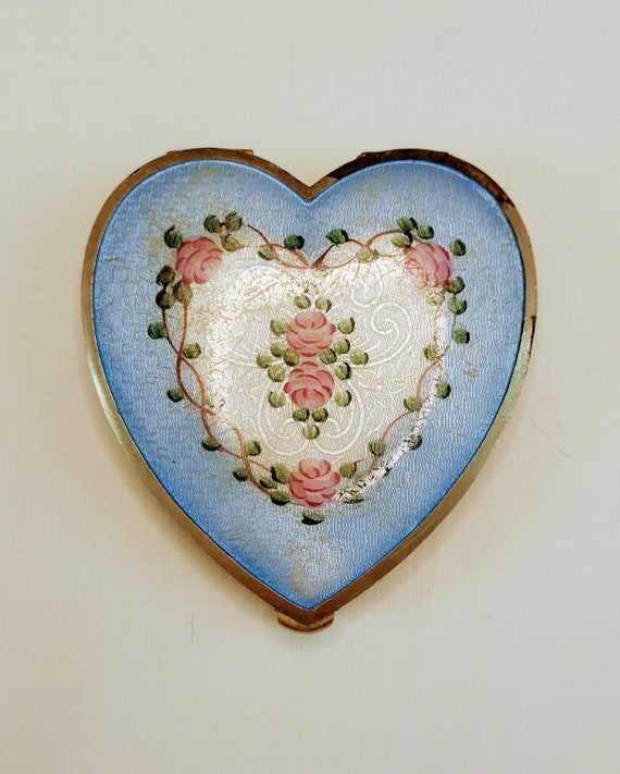 RARE Vintage heart-shaped Guilloche pressed powde… - image 1