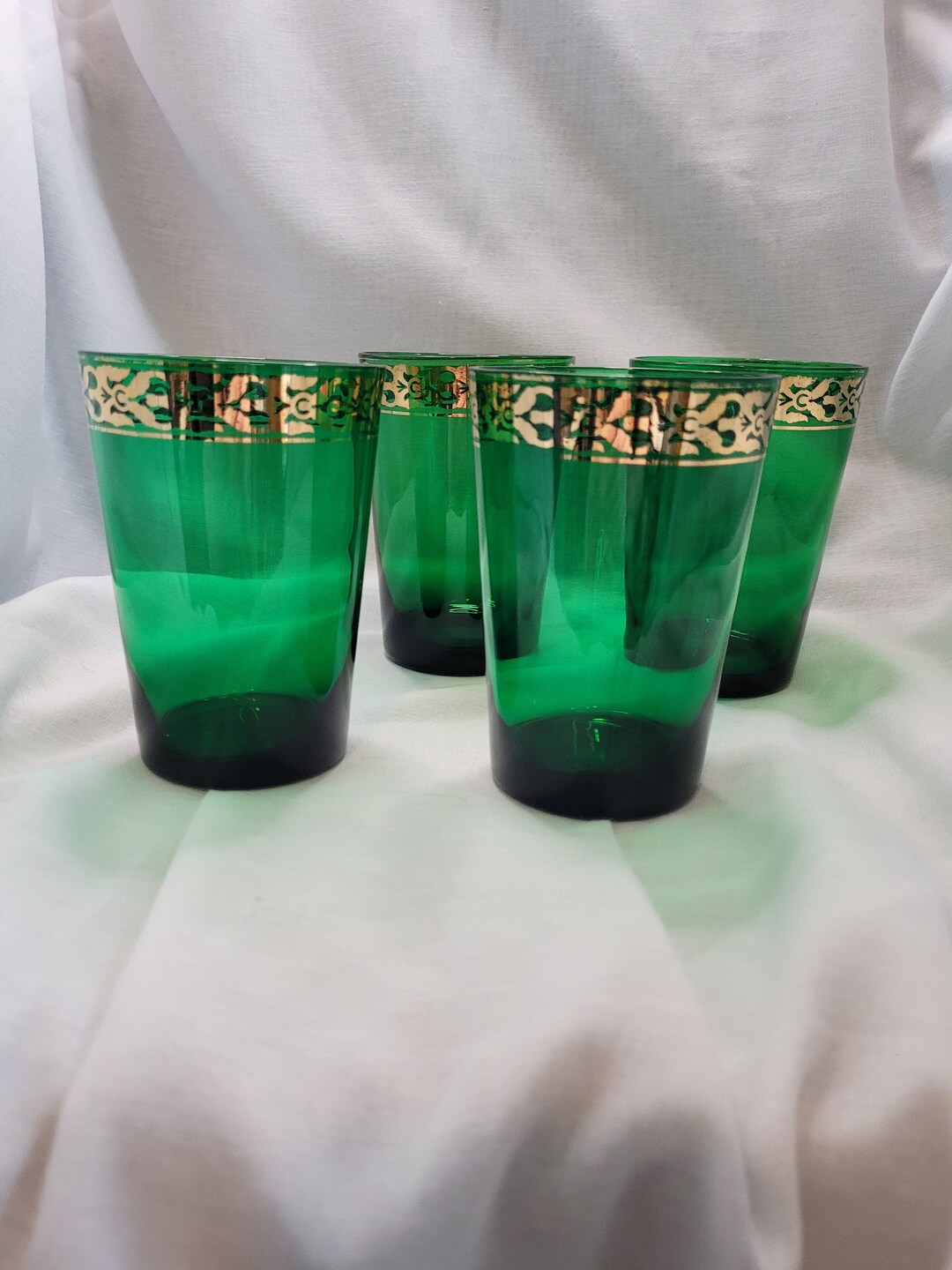 Deep Green Water Glasses Gilded Florentine Pattern Etsy