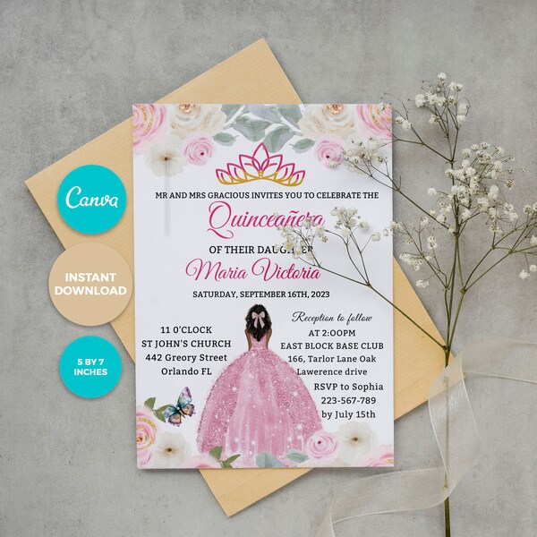 Blush Pink Floral Roses Quinceañera Invitation Printable EDITABLE TEMPLATE, Crown Rose Gold Mis Quince  Birthday INSTANT