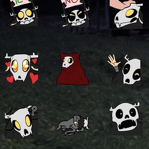 Peut inclure: Un ensemble de 10 autocollants numériques représentant un personnage de squelette de dessin animé dans diverses poses et expressions. Le personnage porte une robe noire et a un crâne blanc avec des yeux jaunes. Les autocollants incluent le personnage tenant des pancartes qui disent "YES" et "NO !", ainsi que des expressions comme "yeux de cœur", "confus" et "surpris".