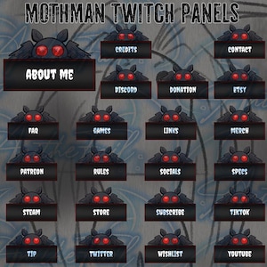 Könnte beinhalten: Ein Satz von 16 Twitch-Panels mit einem Cartoon-Mottmann mit roten Augen. Jedes Panel hat eine andere Textbeschriftung, wie z. B. "Über mich", "Credits", "Kontakt", "Discord", "Spende", "Etsy", "FAQ", "Spiele", "Links", "Merch", "Patreon", "Regeln", "Social Media", "Spezifikationen", "Steam", "Shop", "Abonnieren", "TikTok", "Tipp", "Twitter", "Wunschliste", und "YouTube".