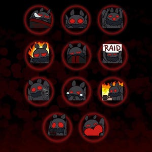 Könnte beinhalten: Ein Satz von 12 digitalen Emoticons mit einem schwarzen Mothman-Charakter mit roten Augen. Die Emoticons zeigen verschiedene Ausdrücke, darunter Schlafen, Weinen und das Halten eines Schilds mit der Aufschrift "RAID".
