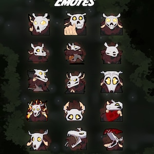 Puede incluir: Un conjunto de 16 emoticonos digitales que presentan un Wendigo de dibujos animados con diferentes expresiones. Los emoticonos están en un formato de cuadrícula con un fondo verde oscuro. El texto "Wendigo Cryptid Emotes" está en la parte superior de la imagen.