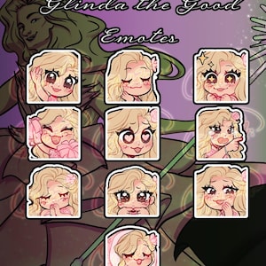 May include: A set of nine digital illustrations featuring a cartoon character with blonde hair and a pink dress. The character is shown with different facial expressions, including smiling, winking, and blushing. The text "Glinda the Good Emotes" is displayed at the top of the image.
