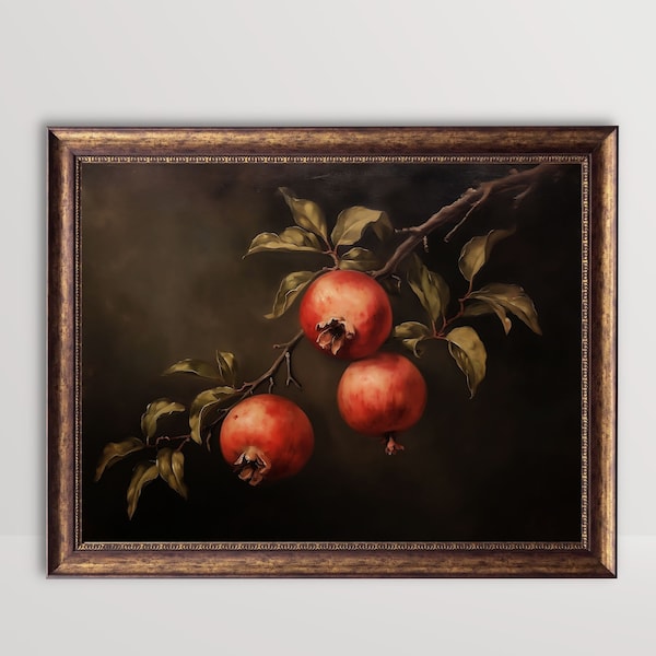 Pomegranates | Moody Fruit Print, Vintage Still Life Oil Painting, Kitchen Wall Art, Rustic Farmhouse Decor, Dark Pomegranate Tree Printable