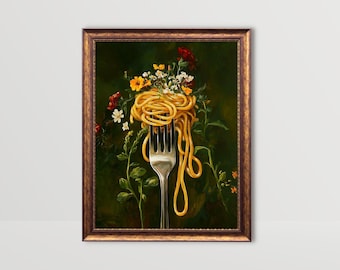 Spaghetti on Fork | Whimsical Food Wall Art, Whimsy Kitchen Decor, Pasta Poster, Dining Room Art, Fun Still Life Painting (Digital Download)