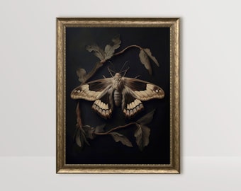 Moth | Botanical Moody Wall Art, Dark Academia Print, Insect Printable, Witch Cottagecore Aesthetic, Vintage Oil Painting, Gothic Room Decor