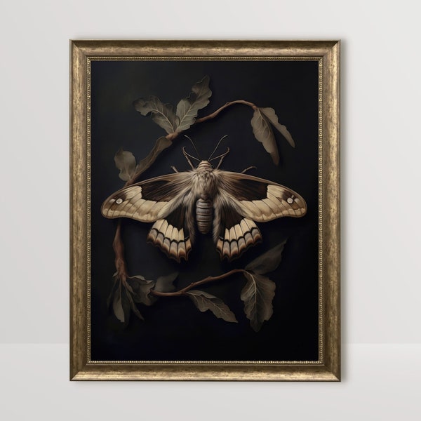 Moth | Botanical Moody Wall Art, Dark Academia Print, Insect Printable, Witch Cottagecore Aesthetic, Vintage Oil Painting, Gothic Room Decor
