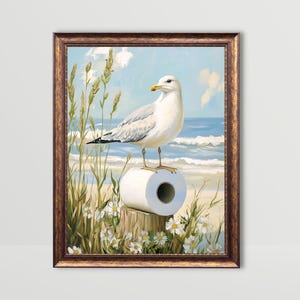 Papel higiénico de gaviota / Arte mural para baño playero, divertida decoración de baño costero, impresiones bonitas para tocador, póster divertido de animales para baño.