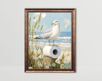 Papel higiénico de gaviota / Arte mural para baño playero, divertida decoración de baño costero, impresiones bonitas para tocador, póster divertido de animales para baño.