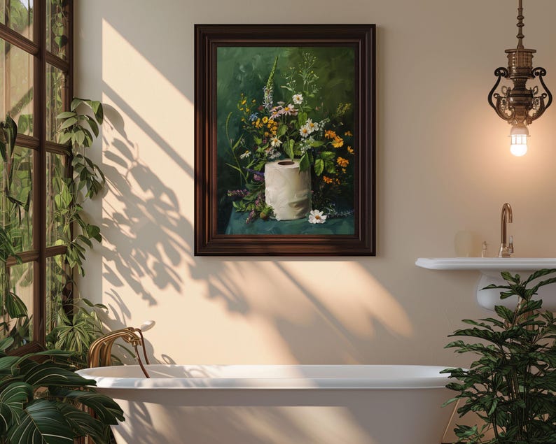 toilet paper art, bathroom wall art, bathroom wall decor, funny bathroom art, toilet wall art, bathroom wall art, botanical prints, botanical bathroom, green bathroom decor, dark bathroom decor, floral bathroom art, botanical wall art, moody wall art, cottagecore decor, dark cottagecore art, funny bathroom art, toilet painting, toilet art, moody green art, moody bathroom art, powder room art, guest bathroom art, toilet paper flowers, dark green painting, guest bath print, guest bathroom print