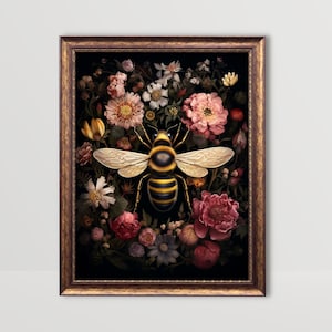 Blumen Biene | Insekt Wandbild, Vintage Blumen druckbare Malerei, Goth Cottagecore Dekor, Dark Academia Drucke, Gothic Moody Botanischer Druck