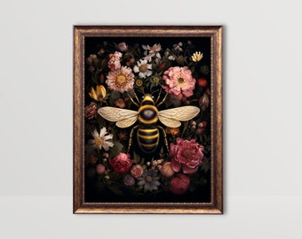 Floral Bee | Insect Wall Art, Vintage Flowers Printable Painting, Goth Cottagecore Decor, Dark Academia Prints, Gothic Moody Botanical Print