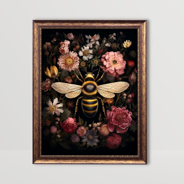 Abelha floral | Arte de parede de insetos, pintura imprimível de flores vintage, decoração goth cottagecore, impressões de academia escura, impressão botânica gótica temperamental