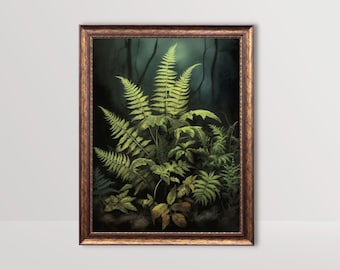May include: A framed painting of a lush green fern plant in a dark forest setting. The fern is in the foreground with a dark background.