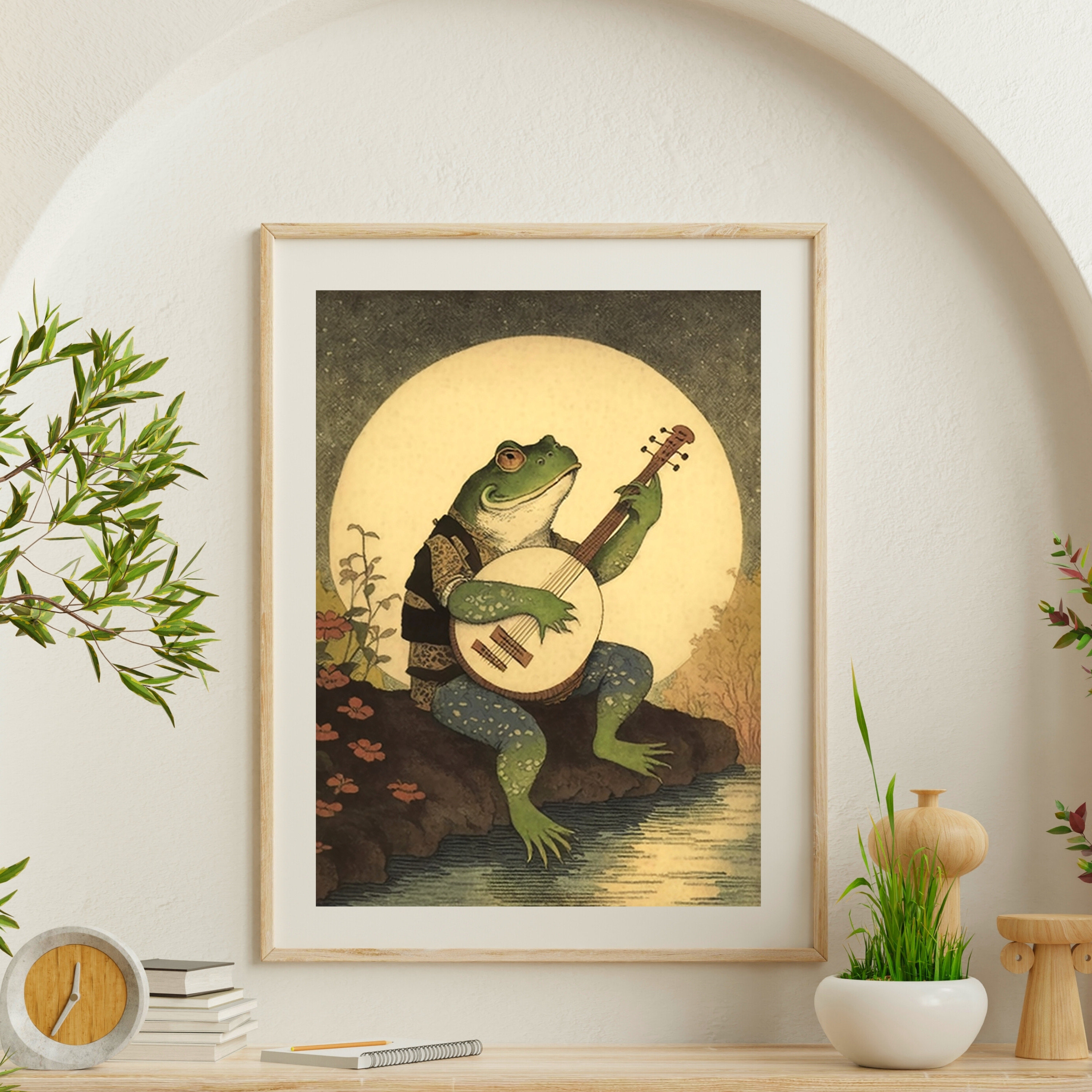 Frog Playing Banjo in Moonlight Vintage Poster Printable