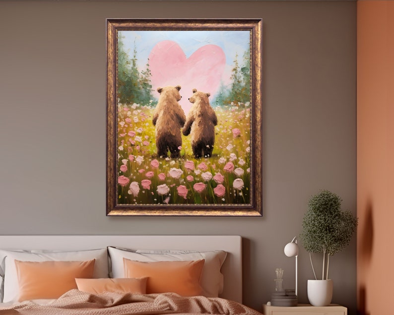 bear print,cottagecore valentine decor,valentines day gift,valentine wall art,valentines prints printable,romantic art print,love wall art,cute animal art,bear lover gift,anniversary gifts,cute bear art,bear couple art,couple gifts,impasto wall art