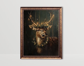 Reindeer | Moody Christmas Wall Art, Vintage Cottagecore Prints, Festive Dark Academia Painting, Winter Print, Holiday Decor, Xmas Printable