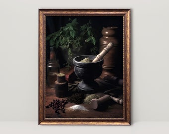 May include: A dark, still life image of a mortar and pestle with green herbs, spices, and a brown ceramic jar. The mortar and pestle are made of dark stone and are filled with ground herbs. The image is framed in a gold frame.