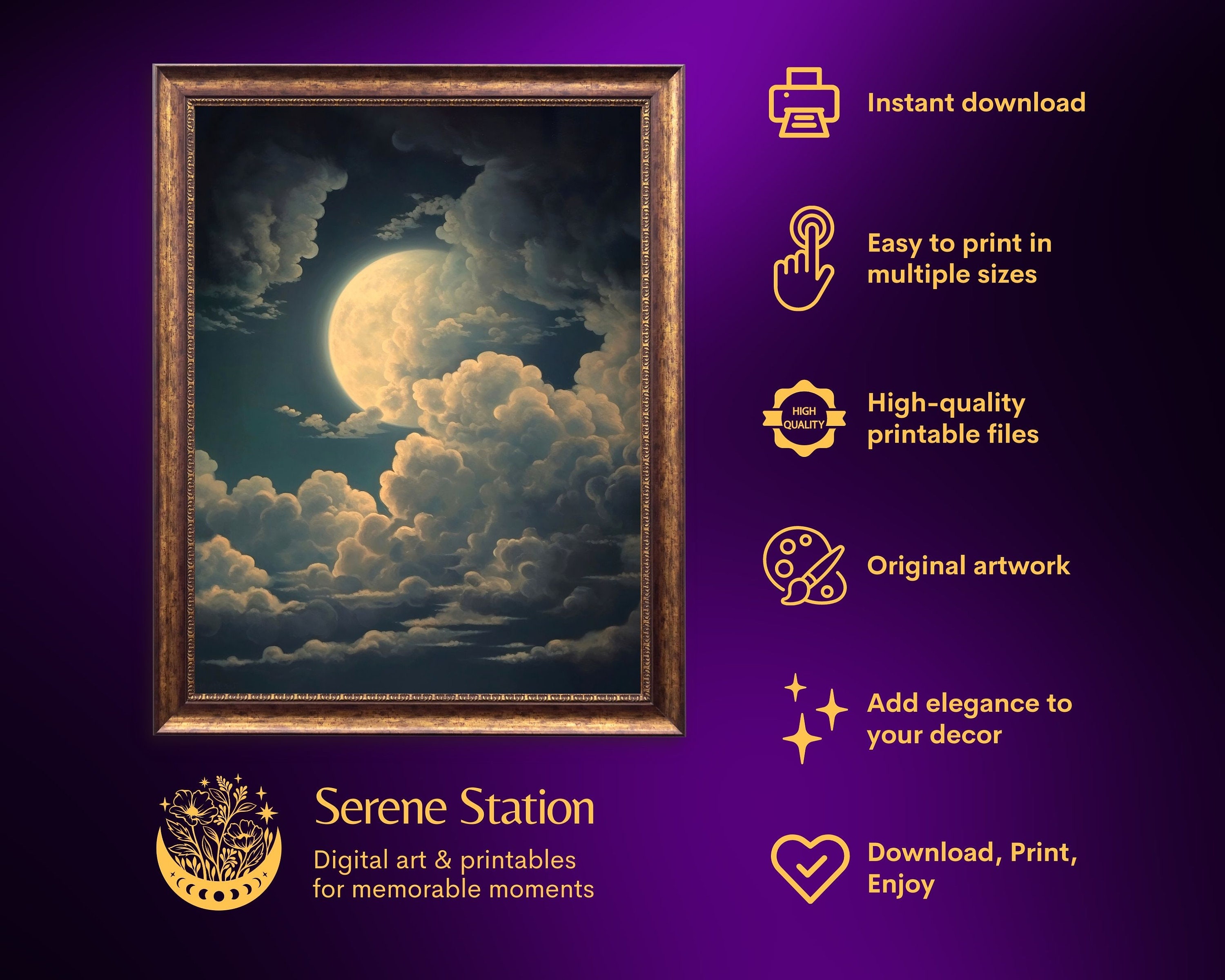 Moon and Clouds | Antique Celestial Wall Art, Moody Night Sky Painting ...