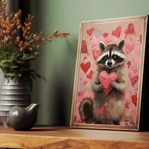 raccoon art print,raccoon valentine gifts,valentines wall art,valentine day gift, valentines printable,valentines prints,pink valentine decor,romantic art print,love wall art,pink bedroom decor,heart painting,pink heart art, funny anniversary gifts