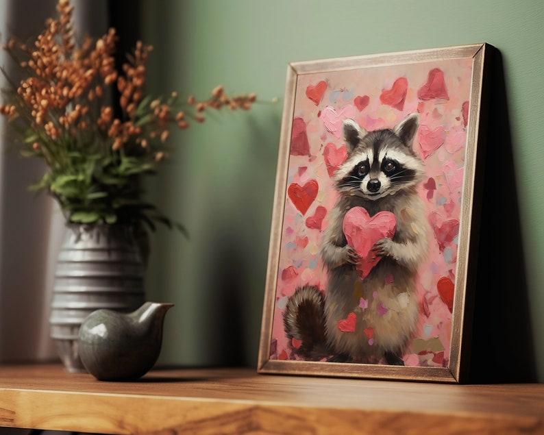 raccoon art print,raccoon valentine gifts,valentines wall art,valentine day gift, valentines printable,valentines prints,pink valentine decor,romantic art print,love wall art,pink bedroom decor,heart painting,pink heart art, funny anniversary gifts