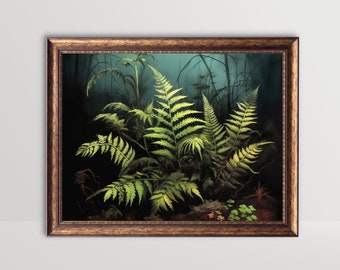 May include: A framed botanical print featuring lush green ferns in a dark forest setting. The artwork has a vintage aesthetic, with a gold-colored ornate frame. The ferns are the focal point, with detailed leaves and a sense of depth.