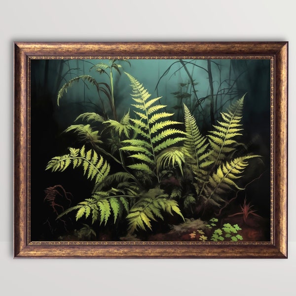 フォレスト シダ | ダーク コテージコア ウォール アート、植物のムーディなヴィンテージ ペインティング、グリーン アカデミア プリント、ゴブリンコア プリンタブル、フェアリーコア エステティック
