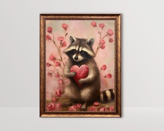Romantic Raccoon | Valentines Wall Art, Pink Valentine Day Decor, Cute Racoon Gifts, Love Art Print Flowers Heart Vintage Painting Printable