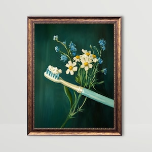 Zahnbürste | Zahnpasta Wandkunst, grünes Badezimmer Dekor Zahnarzt Büro Dekor Blumen Pulver Raum Druck Stimmungsvolle Blumen Zahnpasta Malerei Druckbare