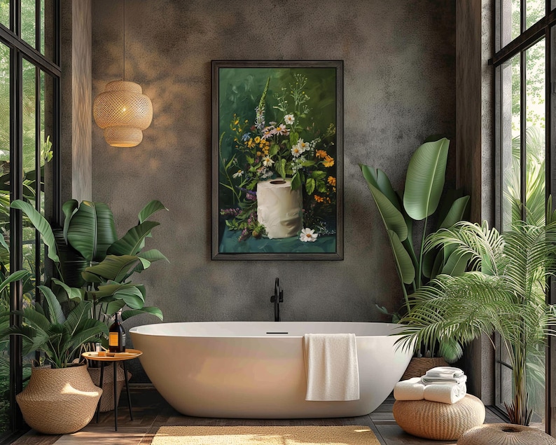 toilet paper art, bathroom wall art, bathroom wall decor, funny bathroom art, toilet wall art, bathroom wall art, botanical prints, botanical bathroom, green bathroom decor, dark bathroom decor, floral bathroom art, botanical wall art, moody wall art, cottagecore decor, dark cottagecore art, funny bathroom art, toilet painting, toilet art, moody green art, moody bathroom art, powder room art, guest bathroom art, toilet paper flowers, dark green painting, guest bath print, guest bathroom print