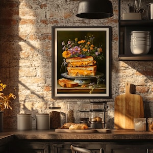 grilled cheese art,fun kitchen wall art,funny kitchen art,funny food art,bar cart art,moody kitchen art,moody food print,still life painting,kitchen flower art,cottagecore decor,fun kitchen posters,dark kitchen prints,food painting,whimsical wall art