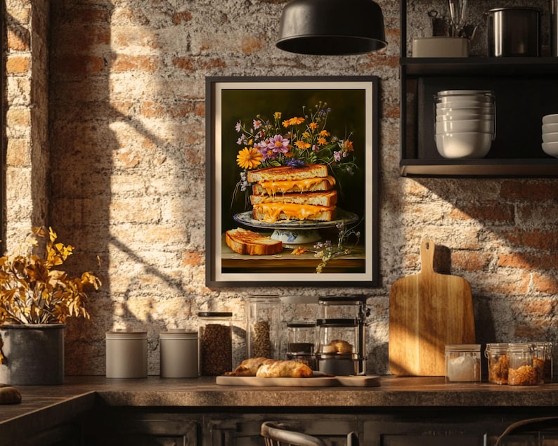 grilled cheese art,fun kitchen wall art,funny kitchen art,funny food art,bar cart art,moody kitchen art,moody food print,still life painting,kitchen flower art,cottagecore decor,fun kitchen posters,dark kitchen prints,food painting,whimsical wall art