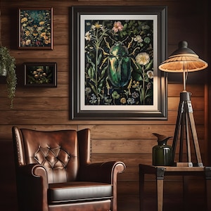 beetle wall art,green beetle art print,insect wall art,dark academia prints,dark green art,dark botanical art,moody goth wall art,moody art printable,dark floral print,gothic room decor,goth cottagecore decor,beetle bug poster,vintage insect prints