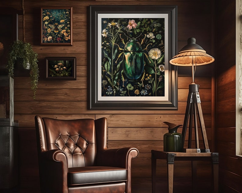 beetle wall art,green beetle art print,insect wall art,dark academia prints,dark green art,dark botanical art,moody goth wall art,moody art printable,dark floral print,gothic room decor,goth cottagecore decor,beetle bug poster,vintage insect prints