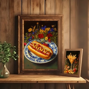 hot dog wall art,trendy wall art,quirky kitchen decor,fun food wall art,funny still life painting,bar cart wall art,fun kitchen decor,hot dog painting,funny kitchen art,moody colorful art,moody kitchen art,dark kitchen decor,moody floral art,moody food art,whimsical wall art,whimsical food art,funny food prints,food wall art,kitchen wall art,dining room wall art,wildflower kitchen art,foodie wall art,dorm room decor, dorm wall decor,diner wall art,dinner wall art,fun living room wall art