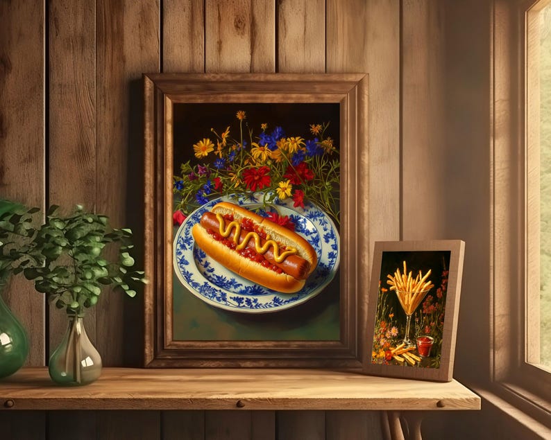 hot dog wall art,trendy wall art,quirky kitchen decor,fun food wall art,funny still life painting,bar cart wall art,fun kitchen decor,hot dog painting,funny kitchen art,moody colorful art,moody kitchen art,dark kitchen decor,moody floral art,moody food art,whimsical wall art,whimsical food art,funny food prints,food wall art,kitchen wall art,dining room wall art,wildflower kitchen art,foodie wall art,dorm room decor, dorm wall decor,diner wall art,dinner wall art,fun living room wall art