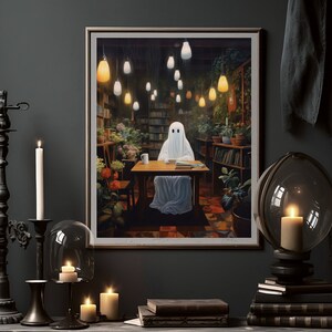 ghost with books botanical coffee shop bookstore,spooky adorable creepy art oil painting,whimsigoth gothic ghost poster,goth cottagecore wall art, dark academia halloween prints, sheet ghost library cute creepy printable,bookish ghost, booklover gift
