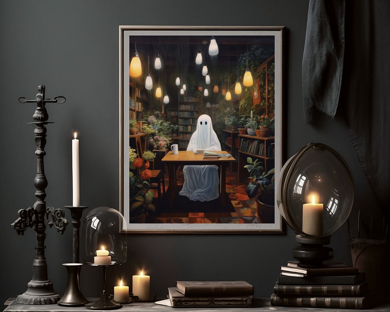 ghost with books botanical coffee shop bookstore,spooky adorable creepy art oil painting,whimsigoth gothic ghost poster,goth cottagecore wall art, dark academia halloween prints, sheet ghost library cute creepy printable,bookish ghost, booklover gift
