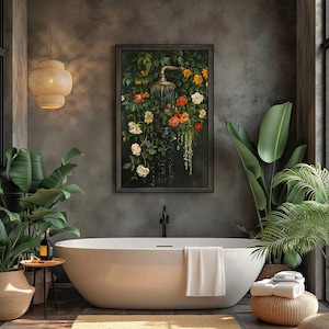 bathroom wall art,bath wall decor,shower print, shower painting, dark green wall art,bathtub wall art,floral bathroom art, botanical shower wall art, moody wall art, vintage oil painting, laundry wall decor, cottagecore decor, dark cottagecore art