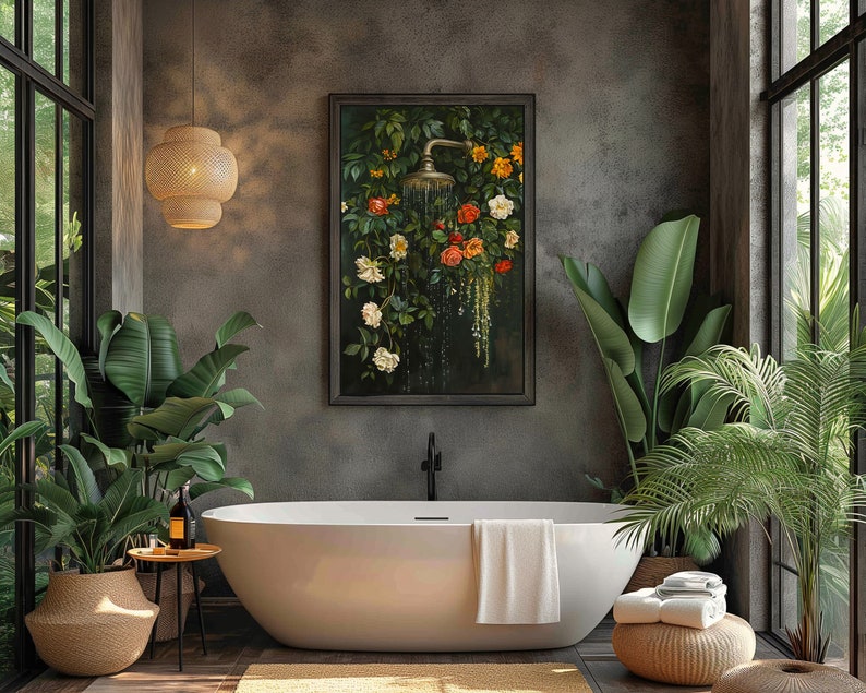 bathroom wall art,bath wall decor,shower print, shower painting, dark green wall art,bathtub wall art,floral bathroom art, botanical shower wall art, moody wall art, vintage oil painting, laundry wall decor, cottagecore decor, dark cottagecore art
