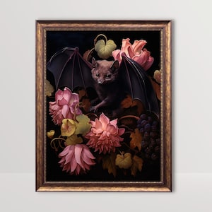 Fruit Bat | Dark Cottagecore Goth Print, Floral Vintage Oil Painting, Gothic Room Decor, Botanical Witchy Wall Art, Dark Academia Printable