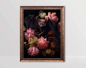 Fruit Bat | Dark Cottagecore Goth Print, Floral Vintage Oil Painting, Gothic Room Decor, Botanical Witchy Wall Art, Dark Academia Printable