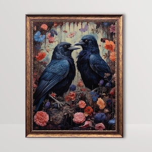 Raven Couple | Dark Botanical Gothic Cottagecore Art, Moody Vintage Painting, Goth Wall Art, Dark Academia Print,Floral Crow Printable Decor