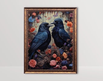 May include: Two black crows perched on a branch in a lush garden setting. The crows are facing each other, with their heads tilted slightly. The background is filled with vibrant flowers in shades of pink, red, and blue. The image has a dark and moody aesthetic.