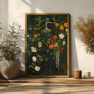 bathroom wall art,bath wall decor,shower print, shower painting, dark green wall art,bathtub wall art,floral bathroom art, botanical shower wall art, moody wall art, vintage oil painting, laundry wall decor, cottagecore decor, dark cottagecore art