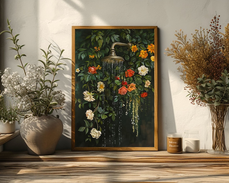 bathroom wall art,bath wall decor,shower print, shower painting, dark green wall art,bathtub wall art,floral bathroom art, botanical shower wall art, moody wall art, vintage oil painting, laundry wall decor, cottagecore decor, dark cottagecore art